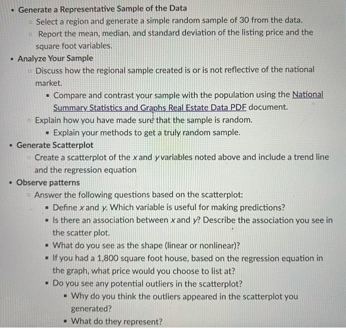 Generate A Representative Sample Of The Data Select A Region And Generate A Simple Random Sample Of 30 From The Data 1
