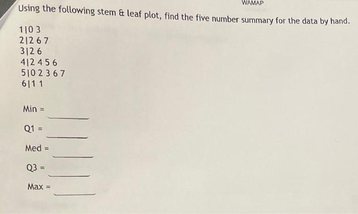 Wamap Using The Following Stem Leaf Plot Find The Five Number Summary For The Data By Hand 110 3 21267 3126 412456 5 1