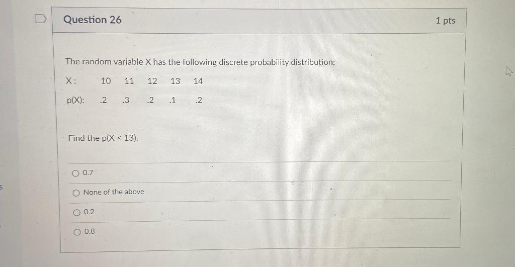 Question 26 The Random Variable X Has The Following Discrete Probability Distribution X 10 11 12 13 14 P X 2 3 Fin 1