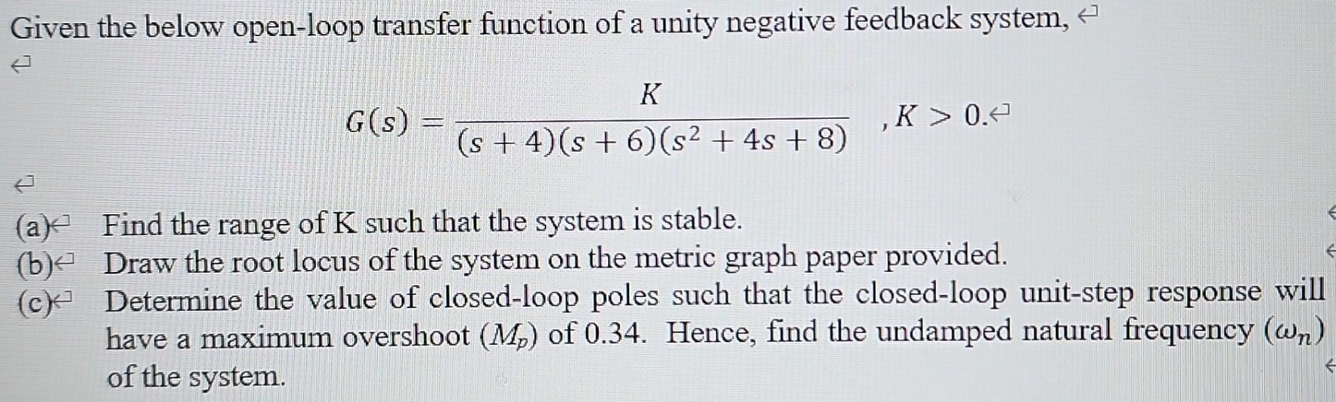 Given The Below Open Loop Transfer Function Of A Unity Negative Feedback System K G S S 4 S 6 S2 4s 8 K 1