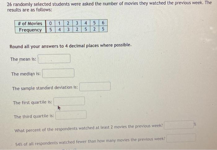 26 Randomly Selected Students Were Asked The Number Of Movies They Watched The Previous Week The Results Are As Follows 1