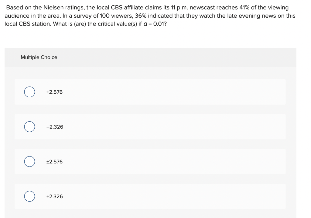 Based On The Nielsen Ratings The Local Cbs Affiliate Claims Its 11 P M Newscast Reaches 41 Of The Viewing Audience In 1