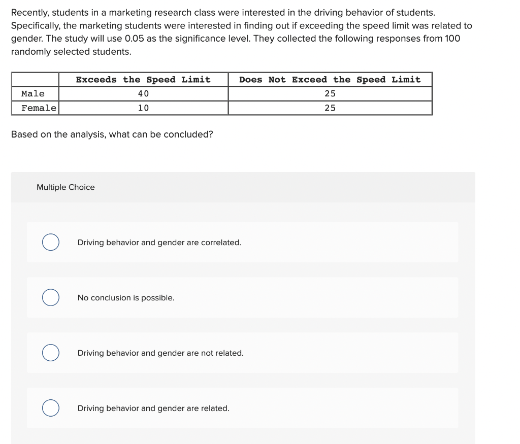 Recently Students In A Marketing Research Class Were Interested In The Driving Behavior Of Students Specifically The 1