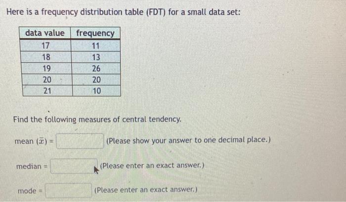 Here Is A Frequency Distribution Table Fdt For A Small Data Set Data Value Frequency 17 11 18 13 19 26 20 20 21 10 Fi 1