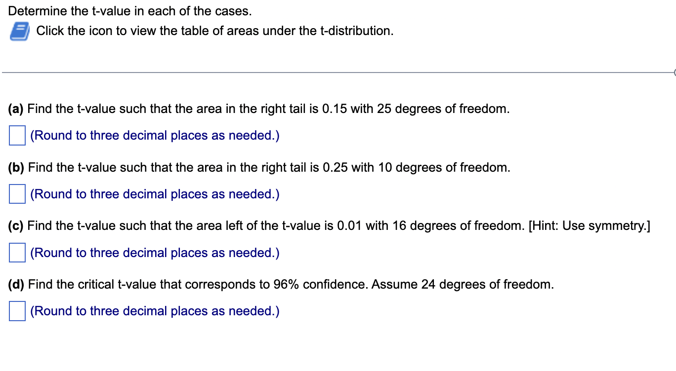 Determine The T Value In Each Of The Cases Click The Icon To View The Table Of Areas Under The T Distribution A Find 1