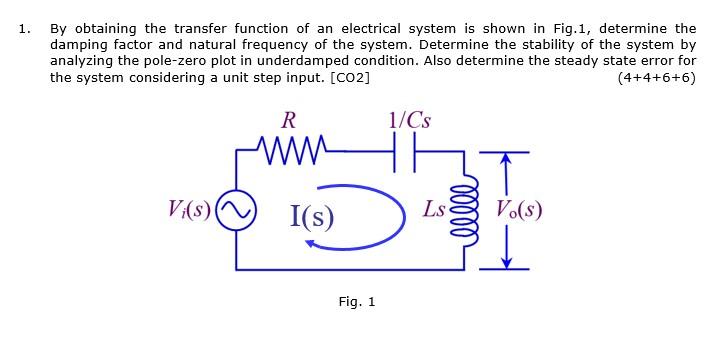 1 By Obtaining The Transfer Function Of An Electrical System Is Shown In Fig 1 Determine The Damping Factor And Natura 1