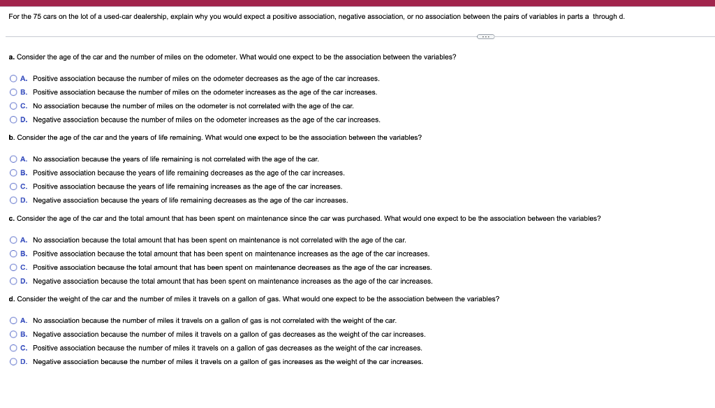 For The 75 Cars On The Lot Of A Used Car Dealership Explain Why You Would Expect A Positive Association Negative Assoc 1