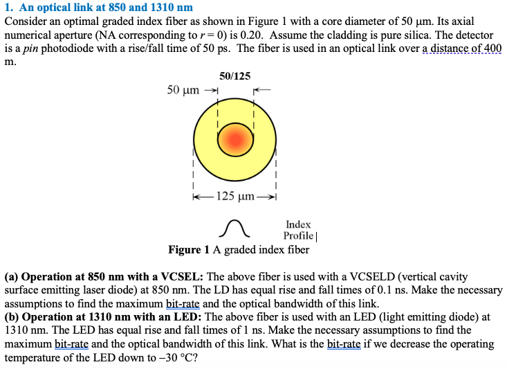 1 An Optical Link At 850 And 1310 Nm Consider An Optimal Graded Index Fiber As Shown In Figure 1 With A Core Diameter O 1