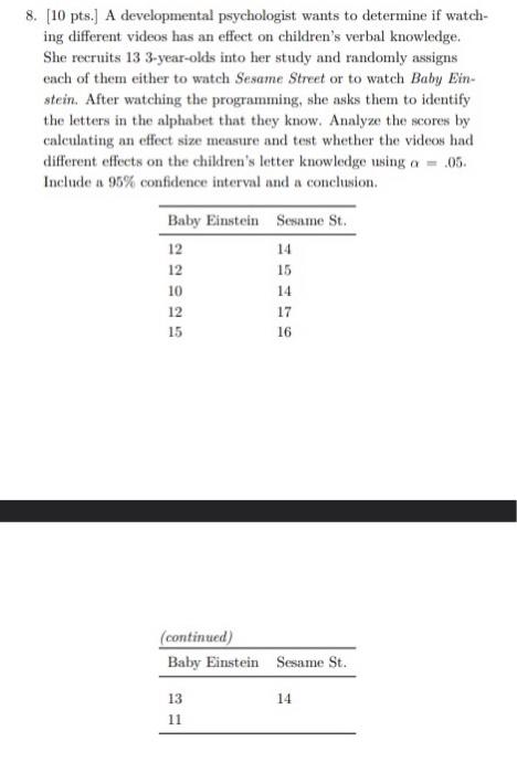 8 10 Pts A Developmental Psychologist Wants To Determine If Watch Ing Different Videos Has An Effect On Children S 1