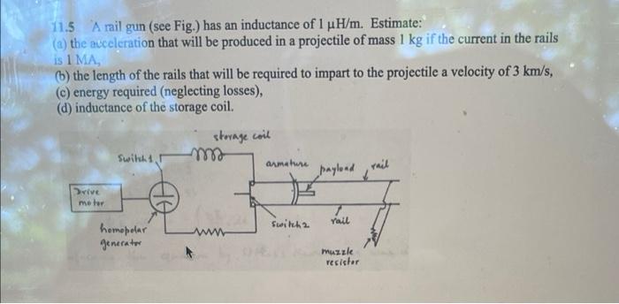 11 5 A Rail Gun See Fig Has An Inductance Of 1 Uh M Estimate A The Acceleration That Will Be Produced In A Projec 1