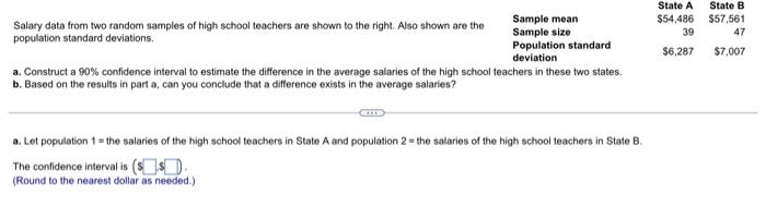 Salary Data From Two Random Samples Of High School Teachers Are Shown To The Right Also Shown Are The Population Standa 1