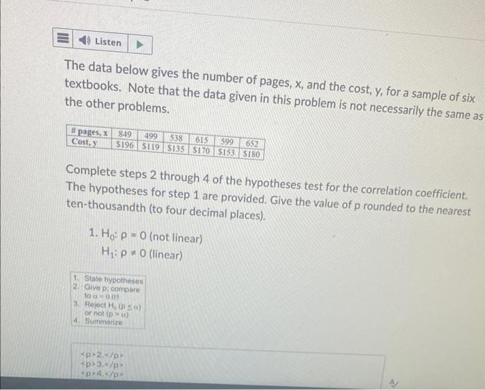 Listen The Data Below Gives The Number Of Pages X And The Cost Y For A Sample Of Six Textbooks Note That The Data G 1