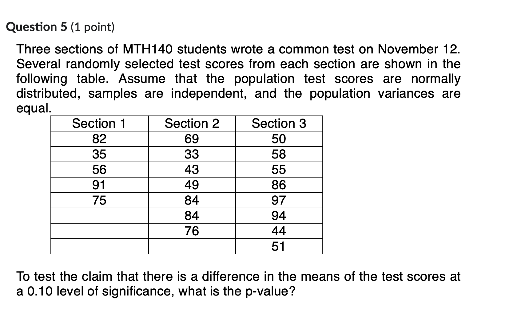 Question 5 1 Point Three Sections Of Mth140 Students Wrote A Common Test On November 12 Several Randomly Selected Tes 1