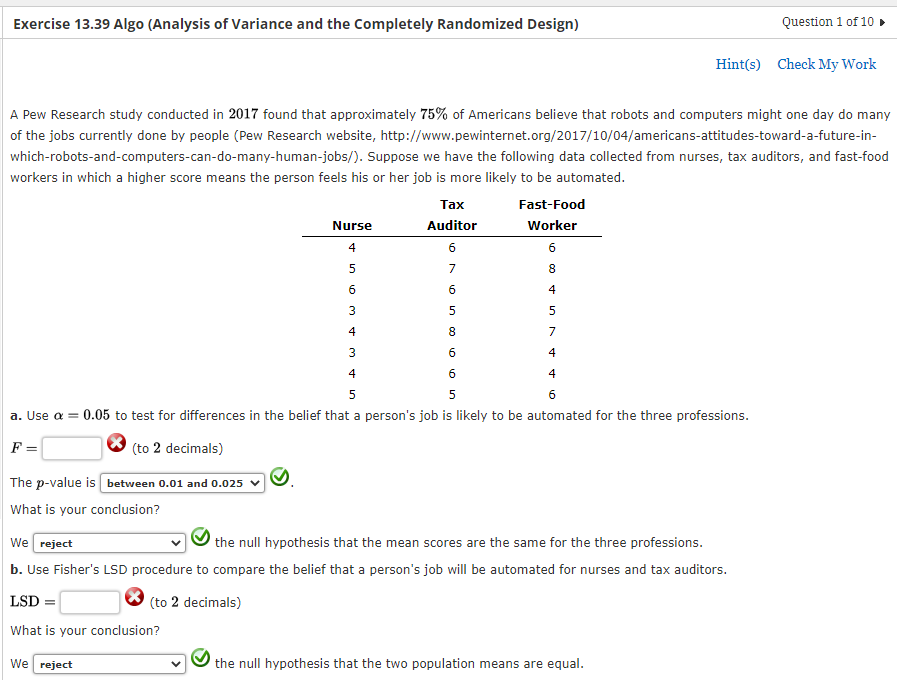 Exercise 13 39 Algo Analysis Of Variance And The Completely Randomized Design A Pew Research Study Conducted In 2017 F 1