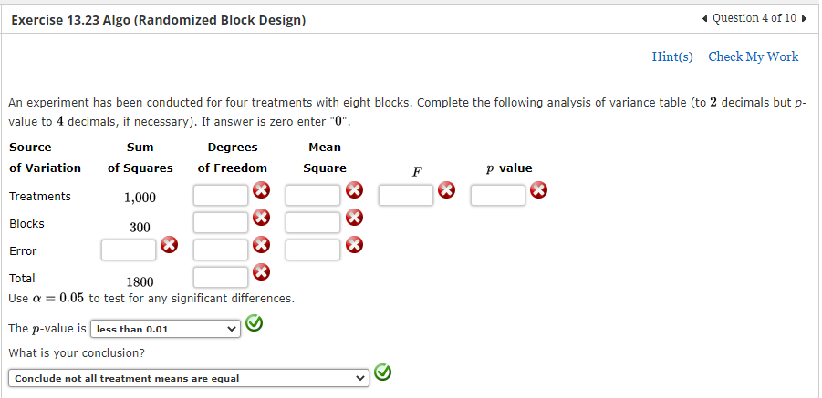 Exercise 13 23 Algo Randomized Block Design X An Experiment Has Been Conducted For Four Treatments With Eight Blocks 1