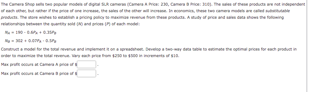 The Camera Shop Sells Two Popular Models Of Digital Slr Cameras Camera A Price 230 Camera B Price 310 The Sales Of 1