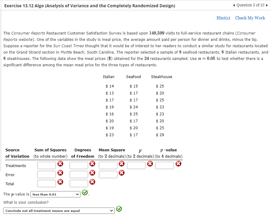 Exercise 13 12 Algo Analysis Of Variance And The Completely Randomized Design The Consumer Reports Restaurant Customer 1