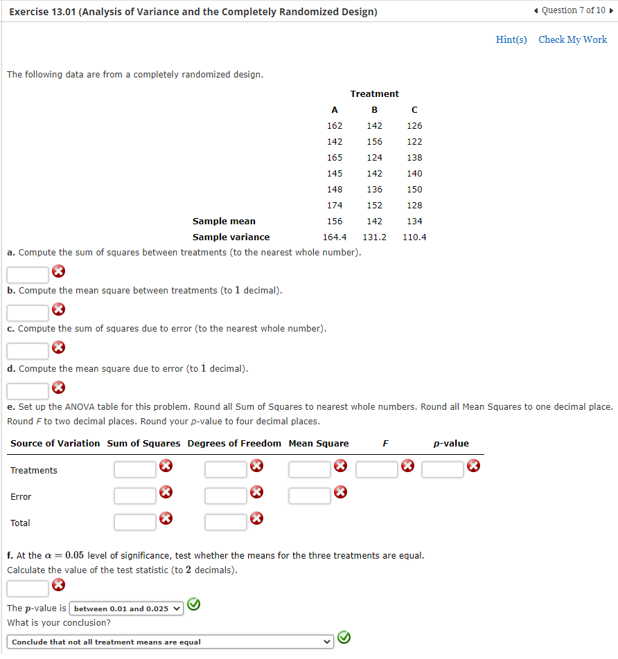 Exercise 13 01 Analysis Of Variance And The Completely Randomized Design The Following Data Are From A Completely Rand 1