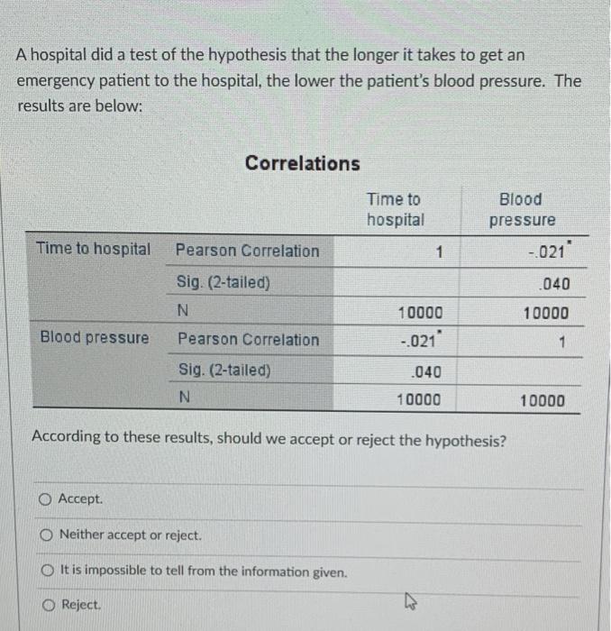 A Hospital Did A Test Of The Hypothesis That The Longer It Takes To Get An Emergency Patient To The Hospital The Lower 1