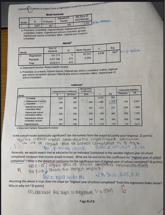 Question 5 Below Is Output From A Regression Model For Income Based On Sever Model Model 1 R 258 R Square 067 060 A Pred 1