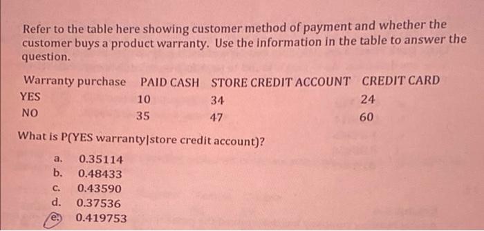 Refer To The Table Here Showing Customer Method Of Payment And Whether The Customer Buys A Product Warranty Use The Inf 1