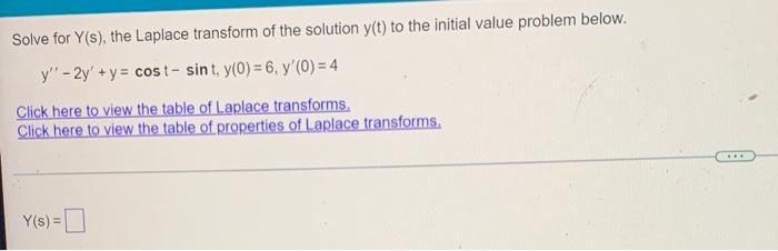 Solve For Y S The Laplace Transform Of The Solution Y T To The Initial Value Problem Below Y 2y Y Cost Sint 1