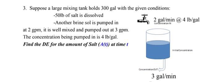 3 Suppose A Large Mixing Tank Holds 300 Gal With The Given Conditions 50lb Of Salt Is Dissolved Another Brine Sol Is 1