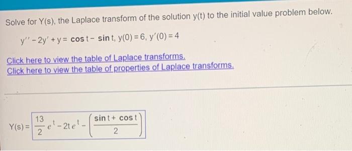 Solve For Y S The Laplace Transform Of The Solution Y T To The Initial Value Problem Below Y 2y Y Cost Sint 1