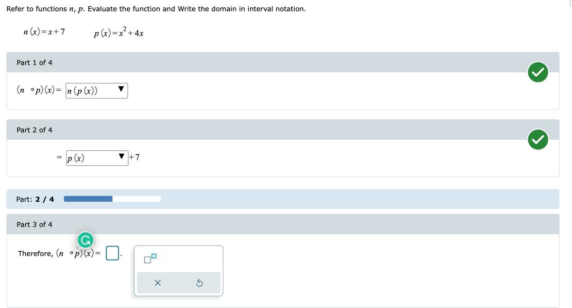 Refer To Functions N P Evaluate The Function And Write The Domain In Interval Notation N X X 7 Part 1 Of 4 N Op X 1