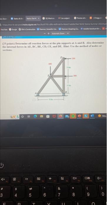 Ma Warth T X 08 P 25 Points Determine All Reaction Force A The Internal Forces In Af Bc Be C Sections Ko 425 0 D 4