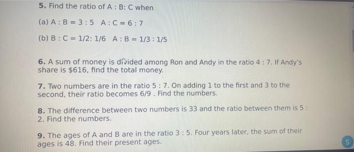 5 Find The Ratio Of A B C When A A B 3 5 A C 6 7 B B C 1 2 1 6 A B 1 3 1 5 6 A Sum Of Money Is Divide 1