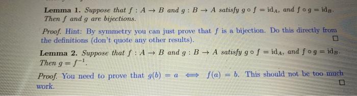 The First Two Lemmas Provide An Alternate Way To Prove That Two Functions Are Inverses Of Each Other If A Is A Set Def 2