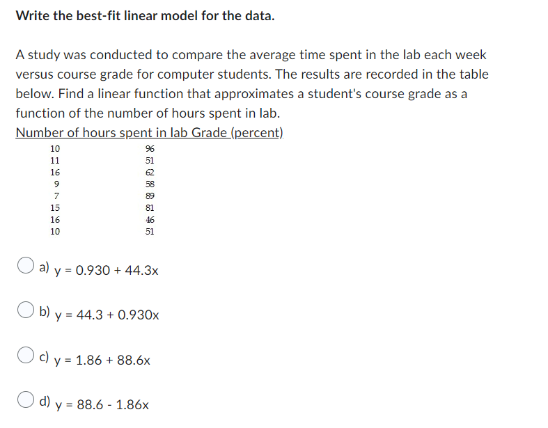 Write The Best Fit Linear Model For The Data A Study Was Conducted To Compare The Average Time Spent In The Lab Each We 1