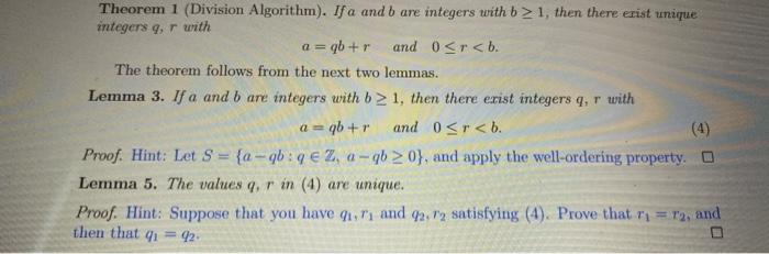 Theorem 1 Division Algorithm If A And B Are Integers With B 1 Then There Erist Unique Integers Q R With A Qb R And 1