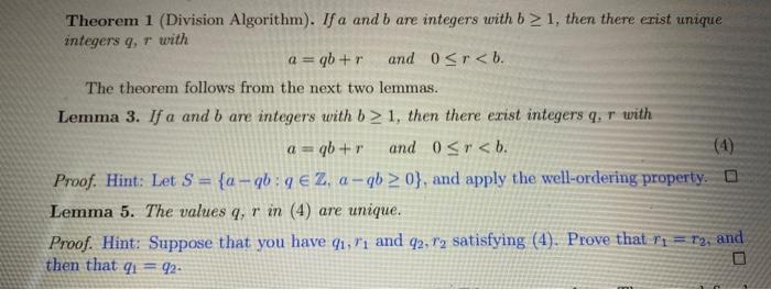 Theorem 1 Division Algorithm If A And B Are Integers With B21 Then There Erist Unique Integers Q R With A Qb R And 1