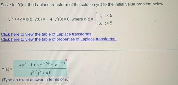 Solve For Y S The Laplace Transform Of The Solution Y T To The Initial Value Problem Below Y 6y G T Y 0 2 2