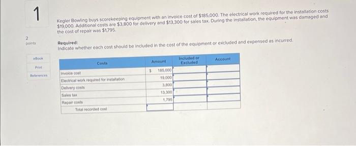 1 Kegler Bowling Buys Scorekeeping Equipment With An Invoice Cost Of 185 000 The Electrical Work Required For The Inst 1