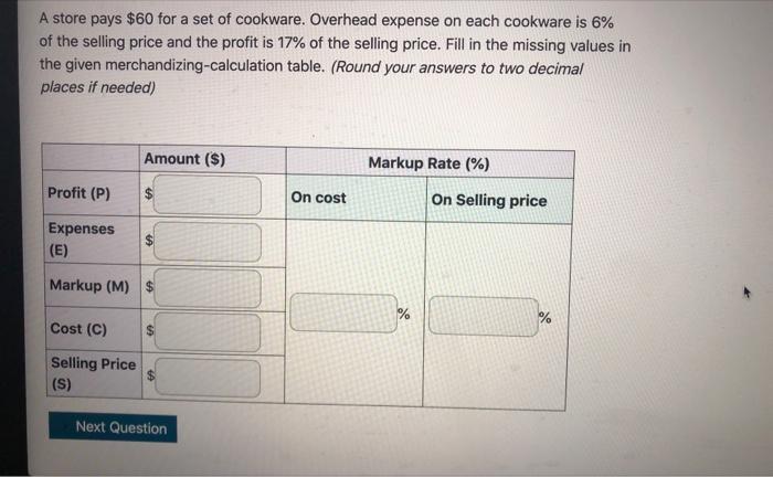 A Store Pays 60 For A Set Of Cookware Overhead Expense On Each Cookware Is 6 Of The Selling Price And The Profit Is 1 1
