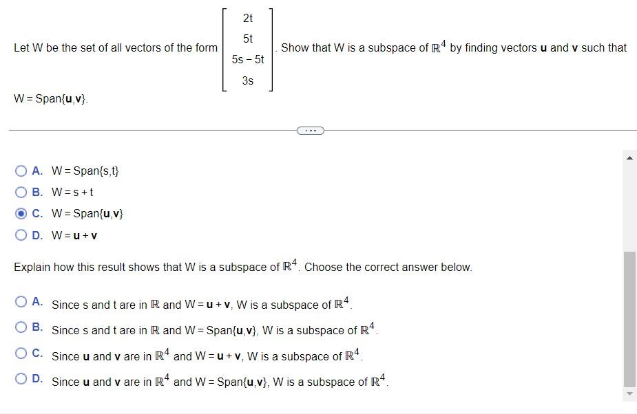 Let W Be The Set Of All Vectors Of The Form W Span U V Oa W Span S T B W S T C W Span U V D W U V 2t 5t 5s 5 1