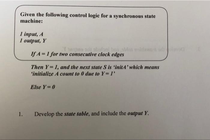 Given The Following Control Logic For A Synchronous State Machine 1 Input A 1 Output Y To Abandono If A 1 For Two C 1