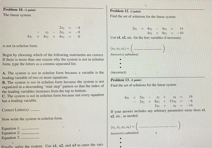 Problem 10 1 Point The Linear System 2x3 2x3 X2 4x1 4x2 4x3 Is Not In Echelon Form 4 9 0 Begin By 1