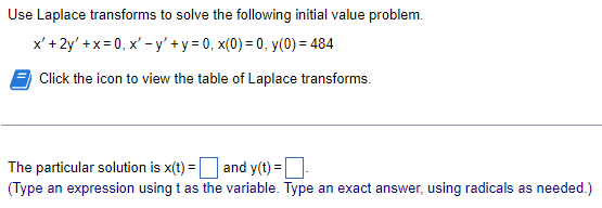 Use Laplace Transforms To Solve The Following Initial Value Problem X 2y X 0 X Y Y 0 X 0 0 Y 0 4 1