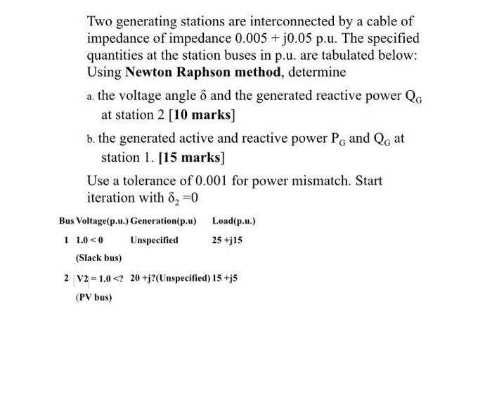 Two Generating Stations Are Interconnected By A Cable Of Impedance Of Impedance 0 005 30 05 P U The Specified Quantit 1