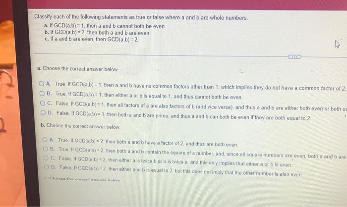 2 Classify Each Of The Following Statements As True Or False Where A And B Are Whole Numbers A If Gcd A B 1 Then A 1