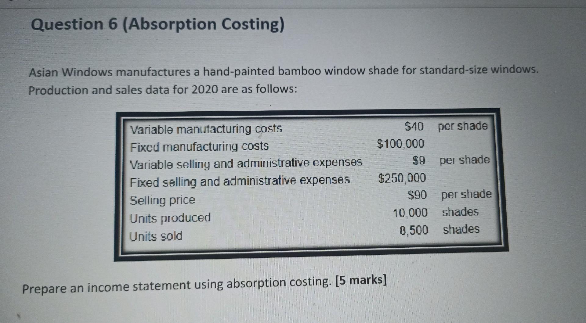 Question 6 Absorption Costing Asian Windows Manufactures A Hand Painted Bamboo Window Shade For Standard Size Windows 1
