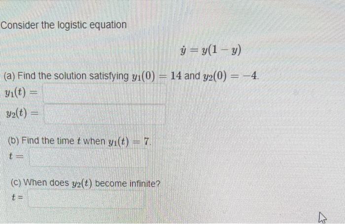 Consider The Logistic Equation Y Y 1 Y A Find The Solution Satisfying Yi 0 14 And Y2 0 4 3 T Y T B 1