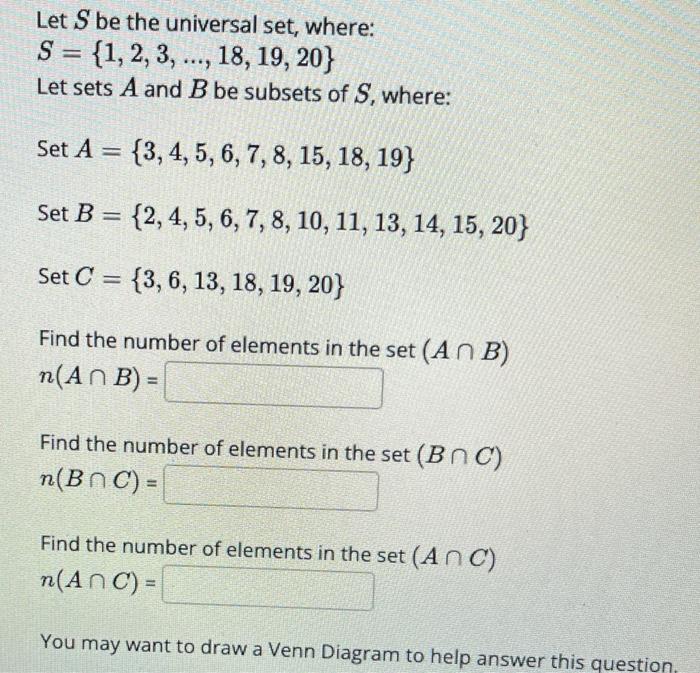 Let S Be The Universal Set Where S 1 2 3 18 19 20 Let Sets A And B Be Subsets Of S Where Set A 3 4 5 1