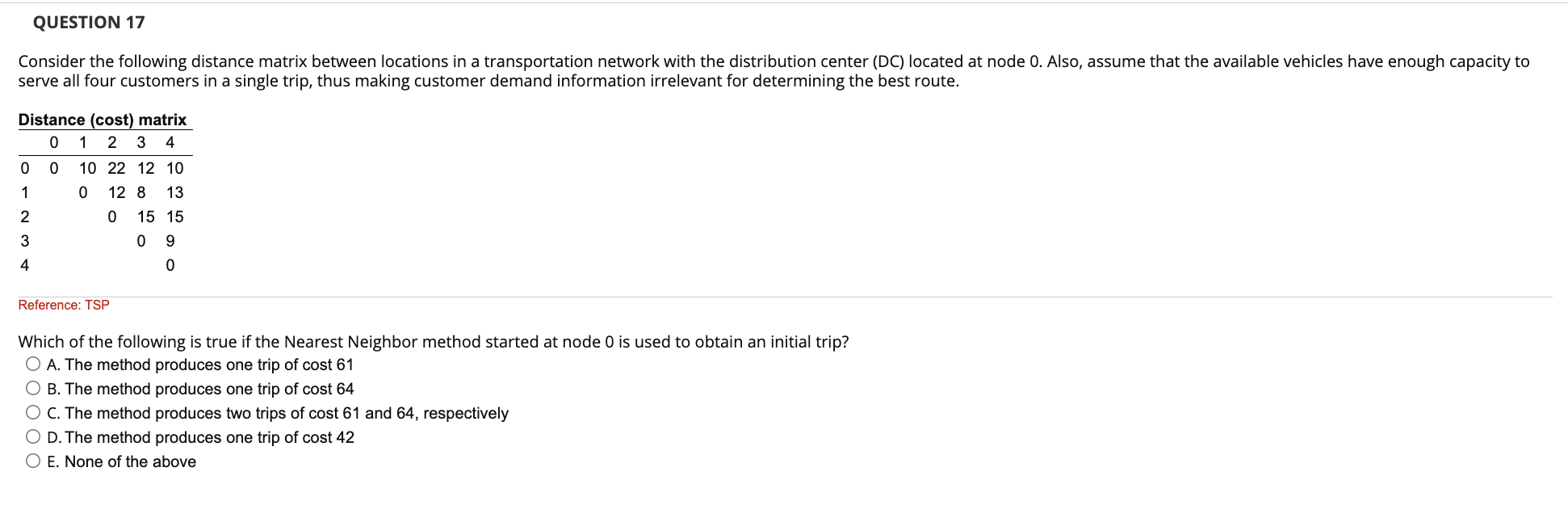 Question 17 Consider The Following Distance Matrix Between Locations In A Transportation Network With The Distribution C 1