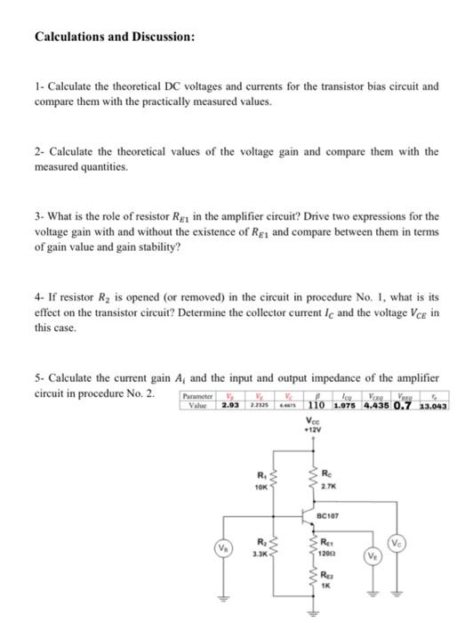 Calculations And Discussion 1 Calculate The Theoretical Dc Voltages And Currents For The Transistor Bias Circuit And C 1