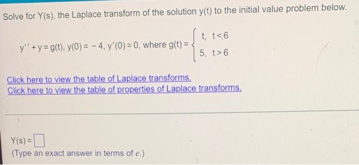 Solve For Y S The Laplace Transform Of The Solution Y T To The Initial Value Problem Below Y Y G T Y 0 4 Y 1